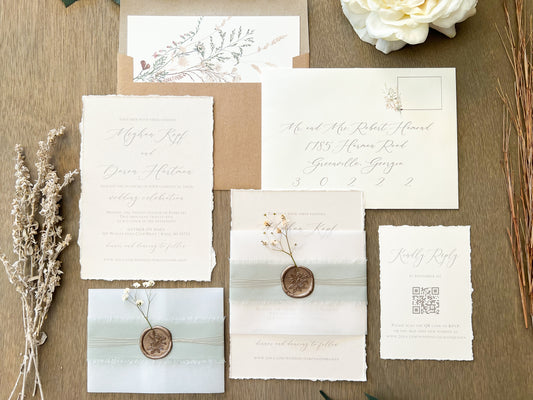 Muted Sage Green Wedding Invitation with Deckled Edging, Vellum Belly Band, Chiffon Ribbon, Dried Baby’s Breath and Wax Seal
