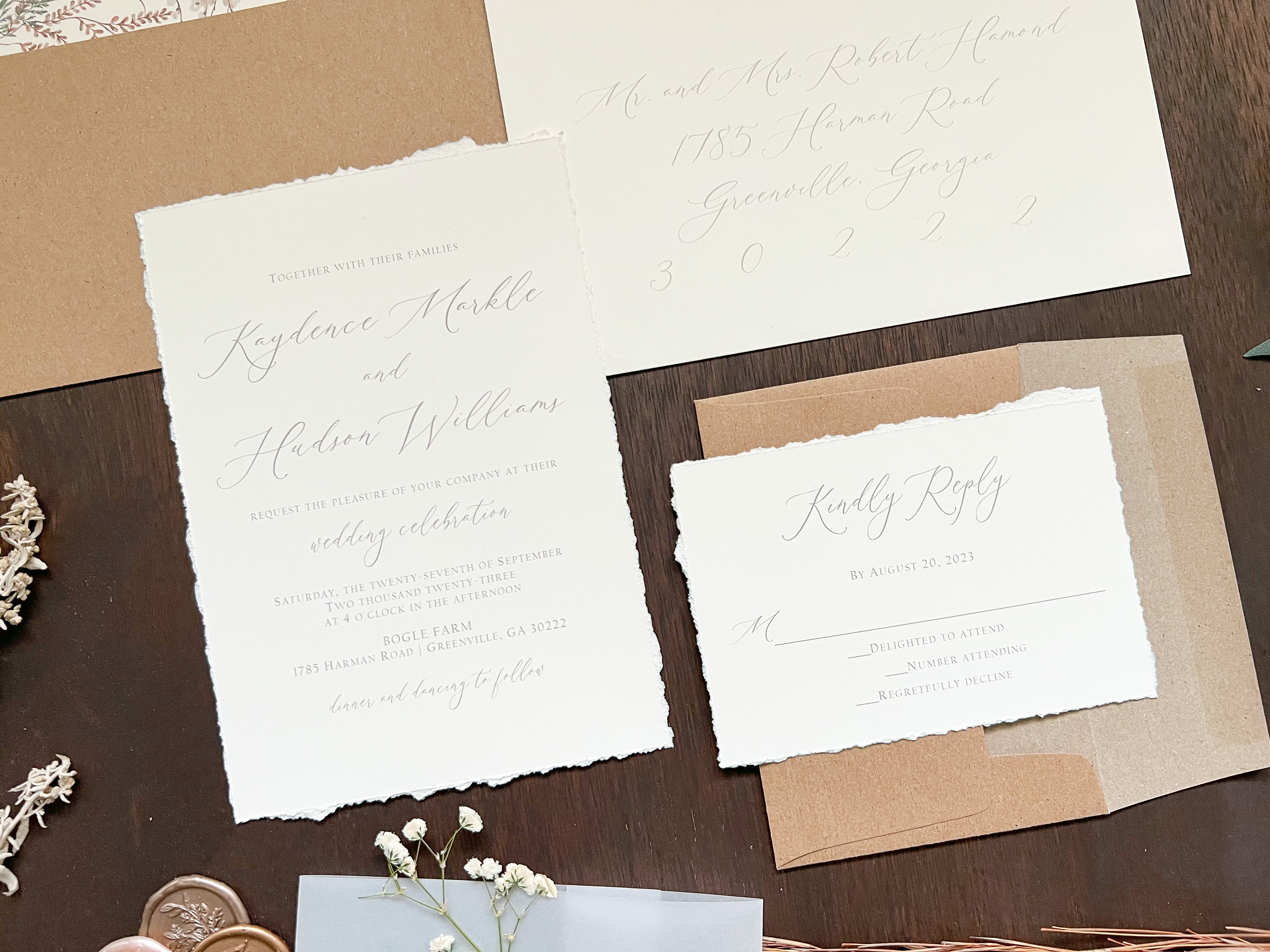 Elegant Ivory Baby’s Breath Wedding Invitation with Deckled Edging, Vellum Belly Band and Wax Seal