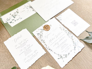 Minimalist Greenery Wedding Invitation with Deckled Edge and Antique Gold Wax Seal