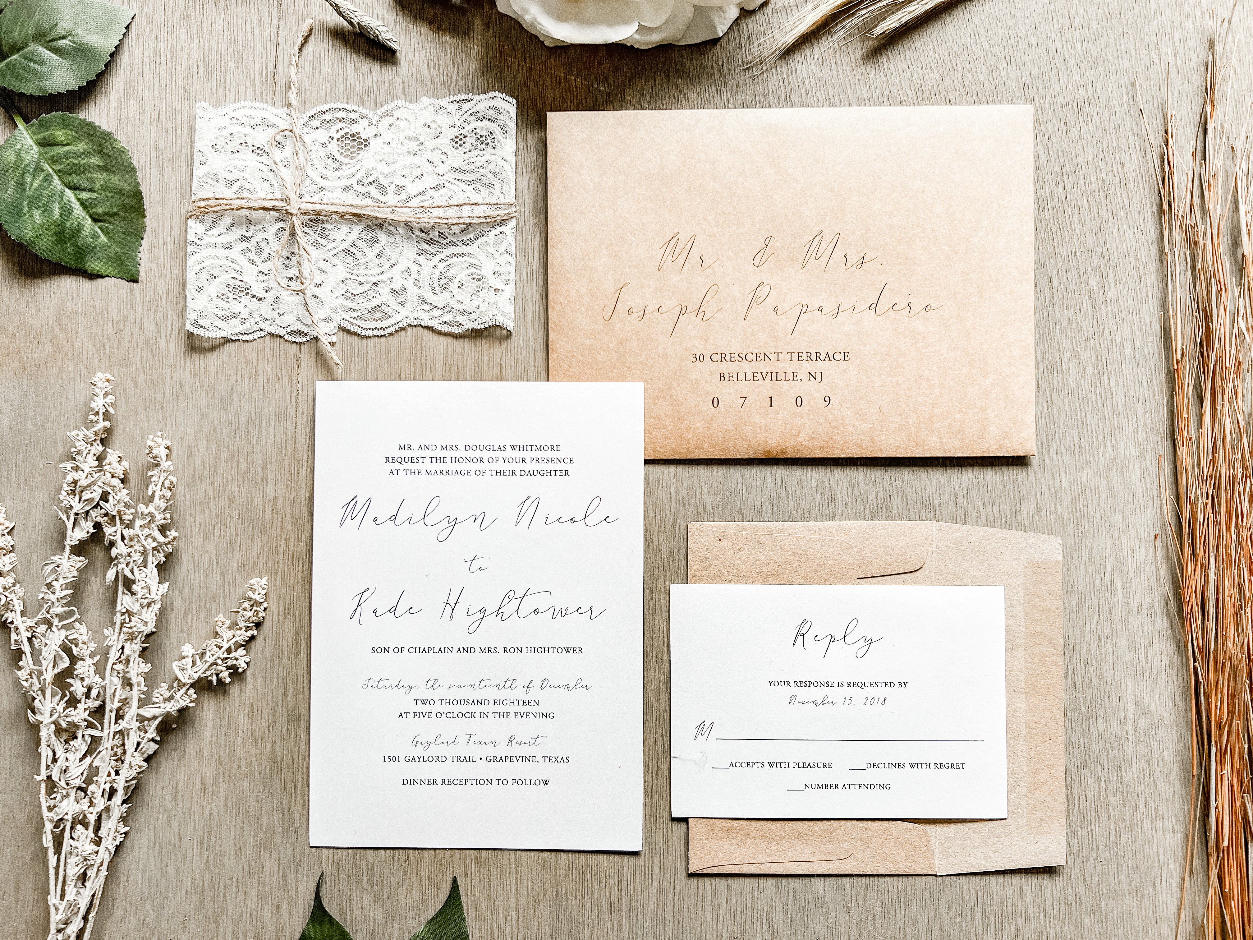 Rustic Lace Wedding Invitation with twine