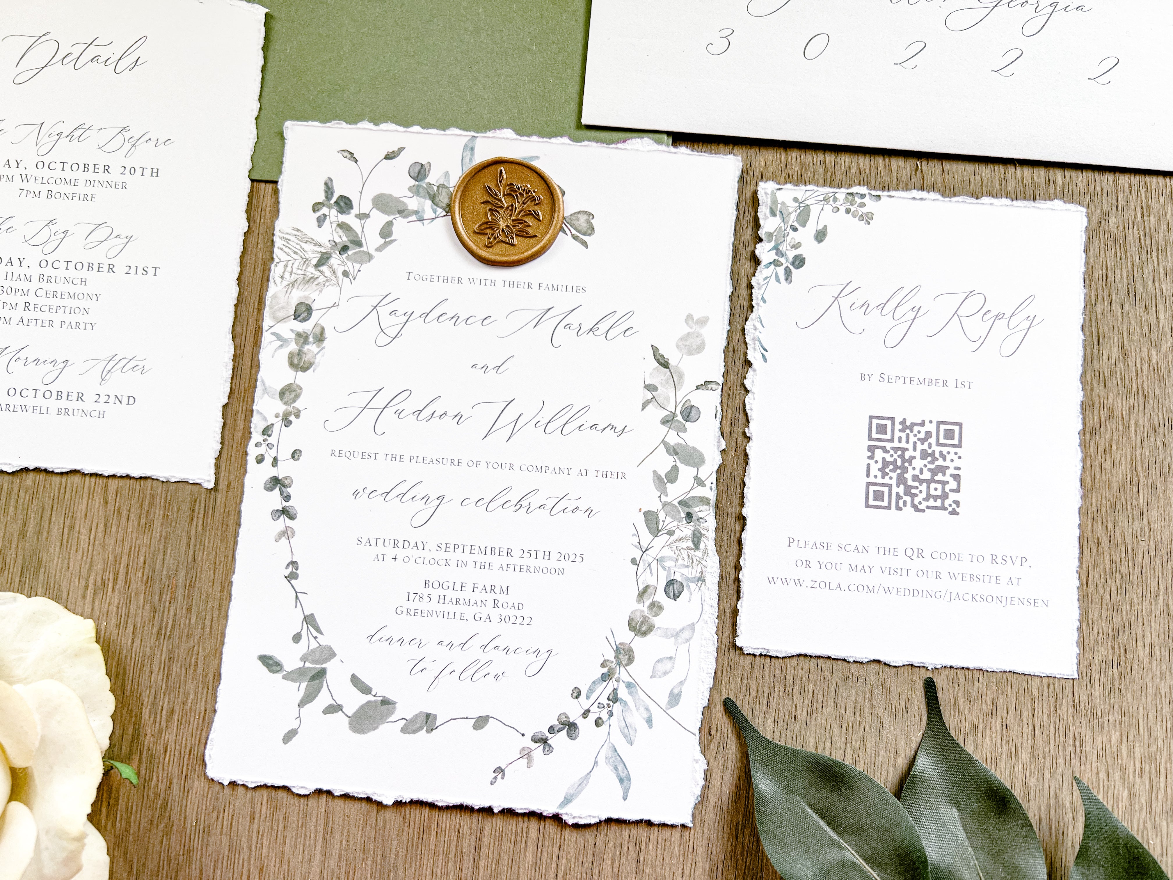 Minimalist Greenery Wedding Invitation with Deckled Edge and Antique Gold Wax Seal