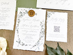 Minimalist Greenery Wedding Invitation with Deckled Edge and Antique Gold Wax Seal