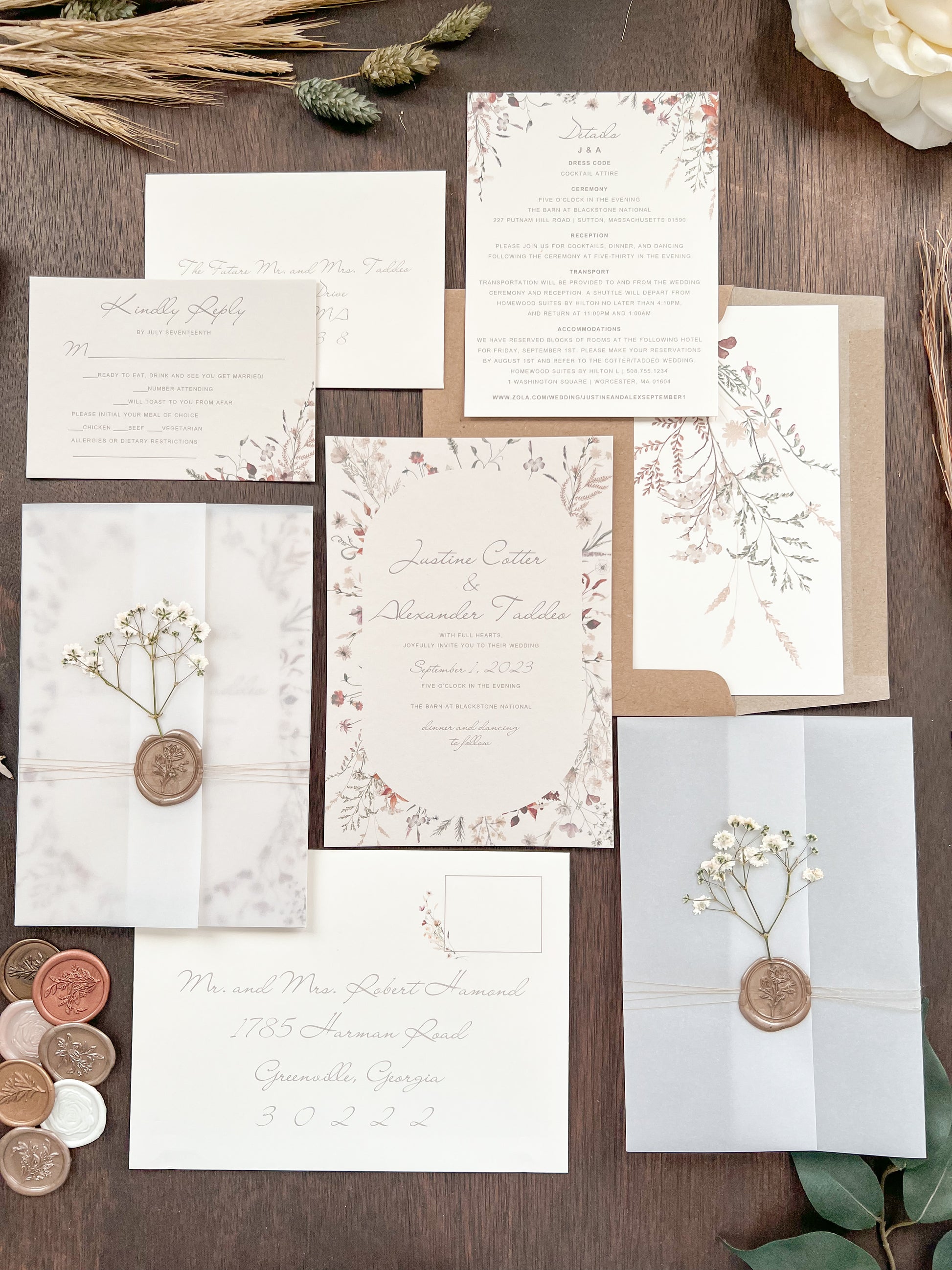 Baby’s Breath Wedding Invitation with Deckled Edging, Vellum Wrap and Wax Seal