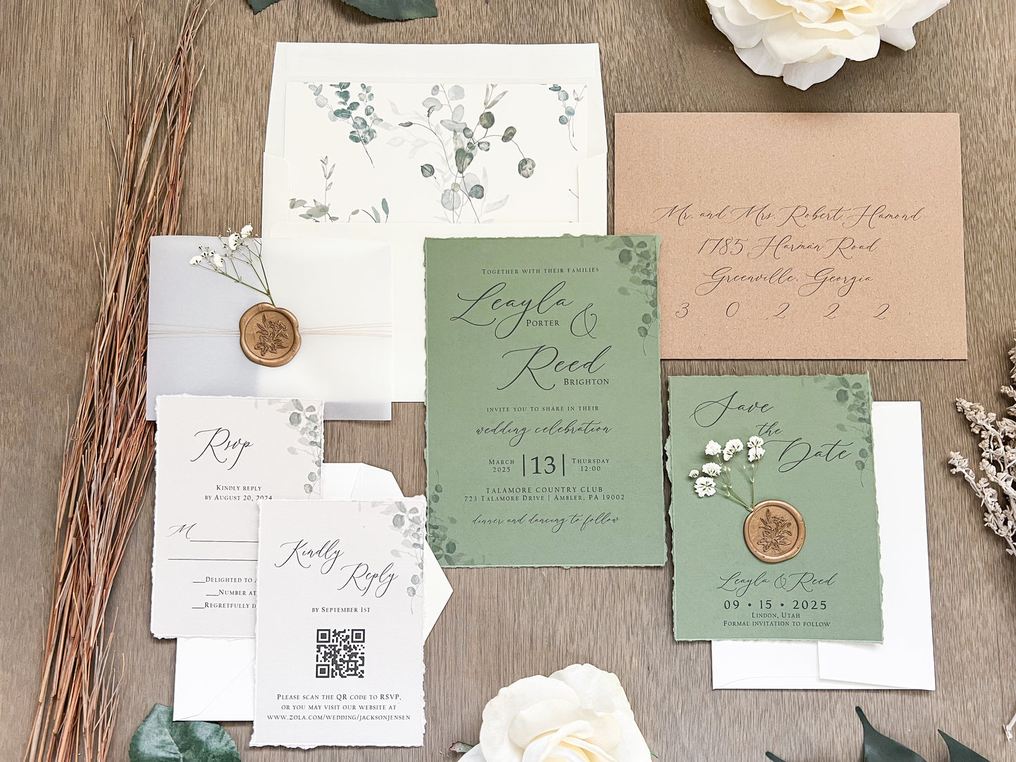 Sage Green and Baby’s Breath Wedding Invitation with Deckled Edging, Vellum Belly Band and Wax Seal