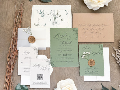 Sage Green and Baby’s Breath Wedding Invitation with Deckled Edging, Vellum Belly Band and Wax Seal
