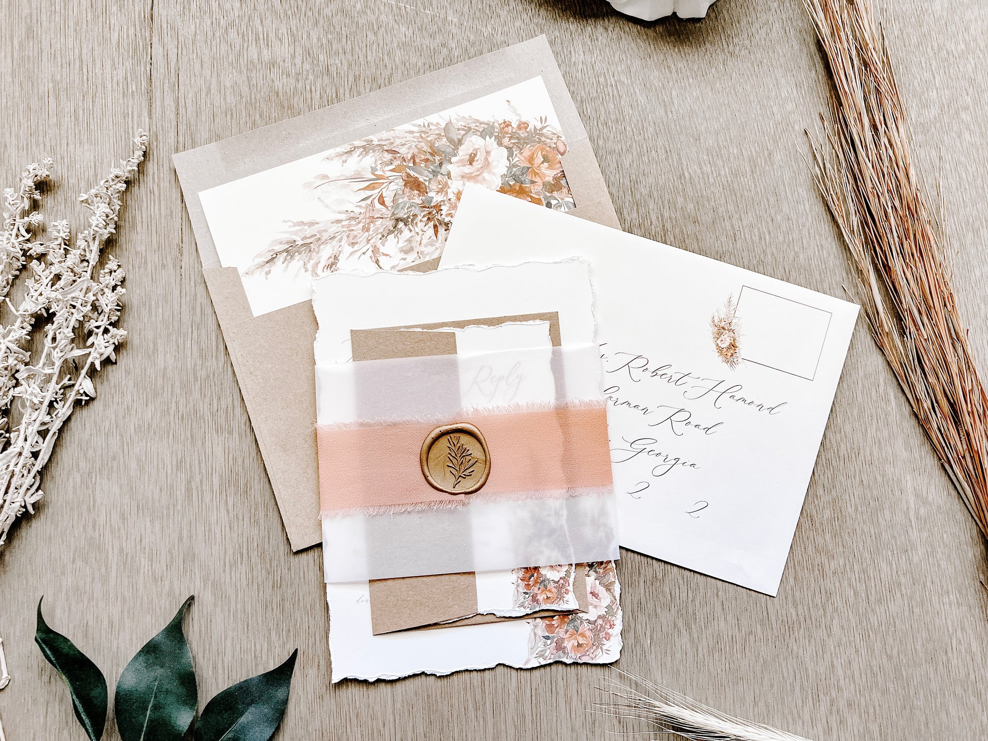 Rose Gold Wedding Invitation with Pampas Grass, Terracotta Beige Florals, Deckled Edging, Vellum Belly Band, Chiffon Ribbon and Wax Seal
