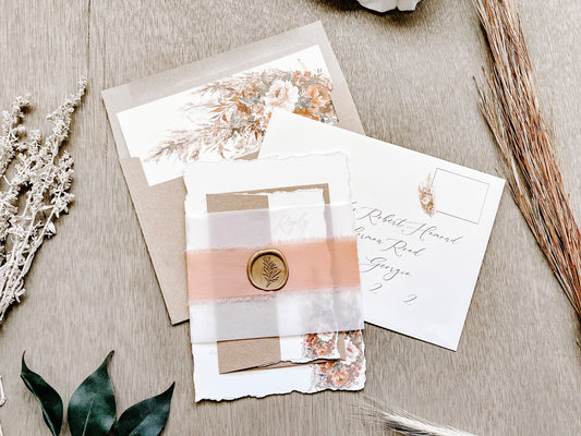 Rose Gold Wedding Invitation with Pampas Grass, Terracotta Beige Florals, Deckled Edging, Vellum Belly Band, Chiffon Ribbon and Wax Seal