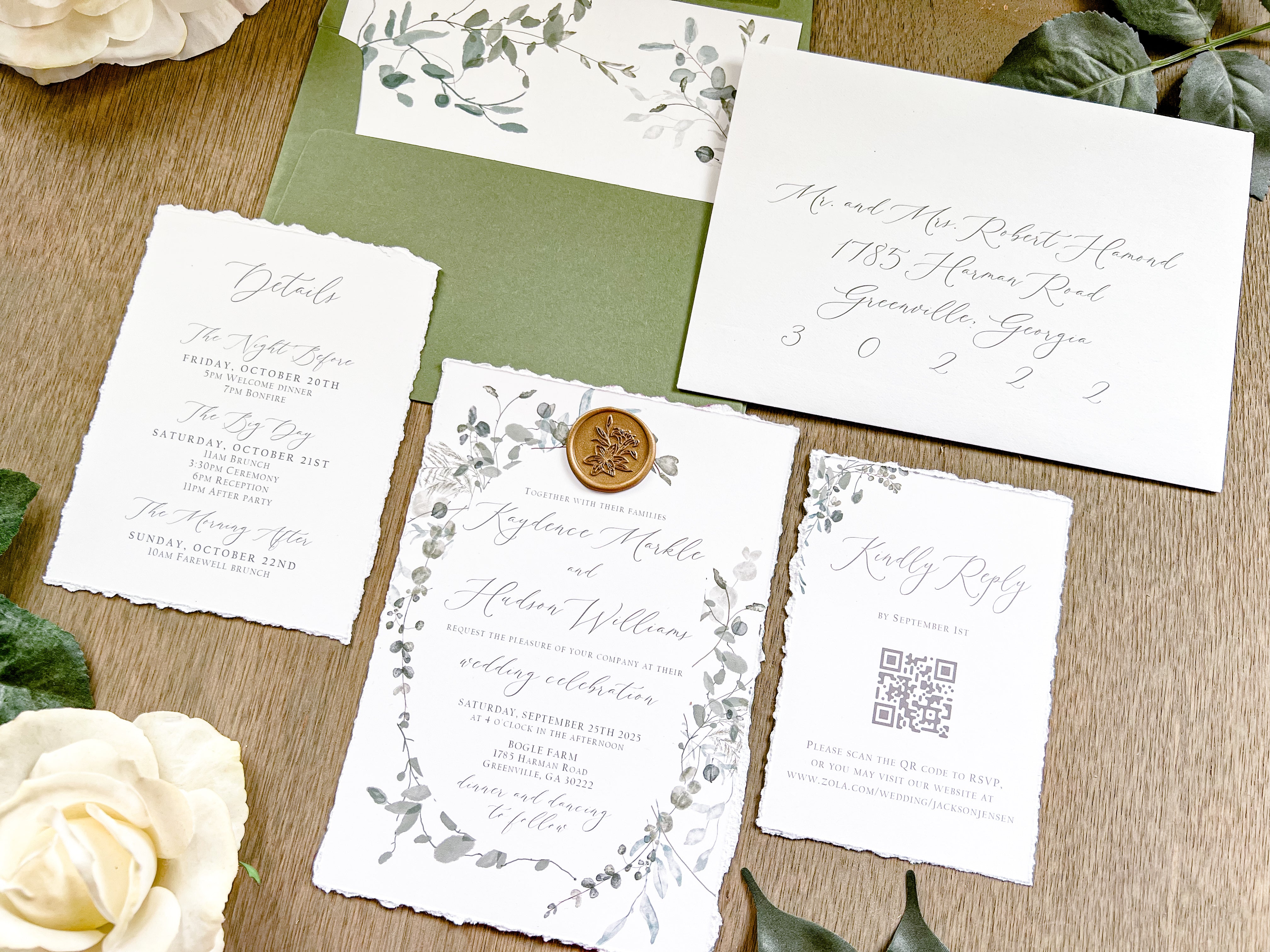 Minimalist Greenery Wedding Invitation with Deckled Edge and Antique Gold Wax Seal