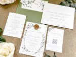 Minimalist Greenery Wedding Invitation with Deckled Edge and Antique Gold Wax Seal
