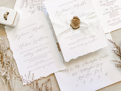 Classic Elegant Wedding Invitation with Deckled Edging, White Chiffon Ribbon & Wax Seal
