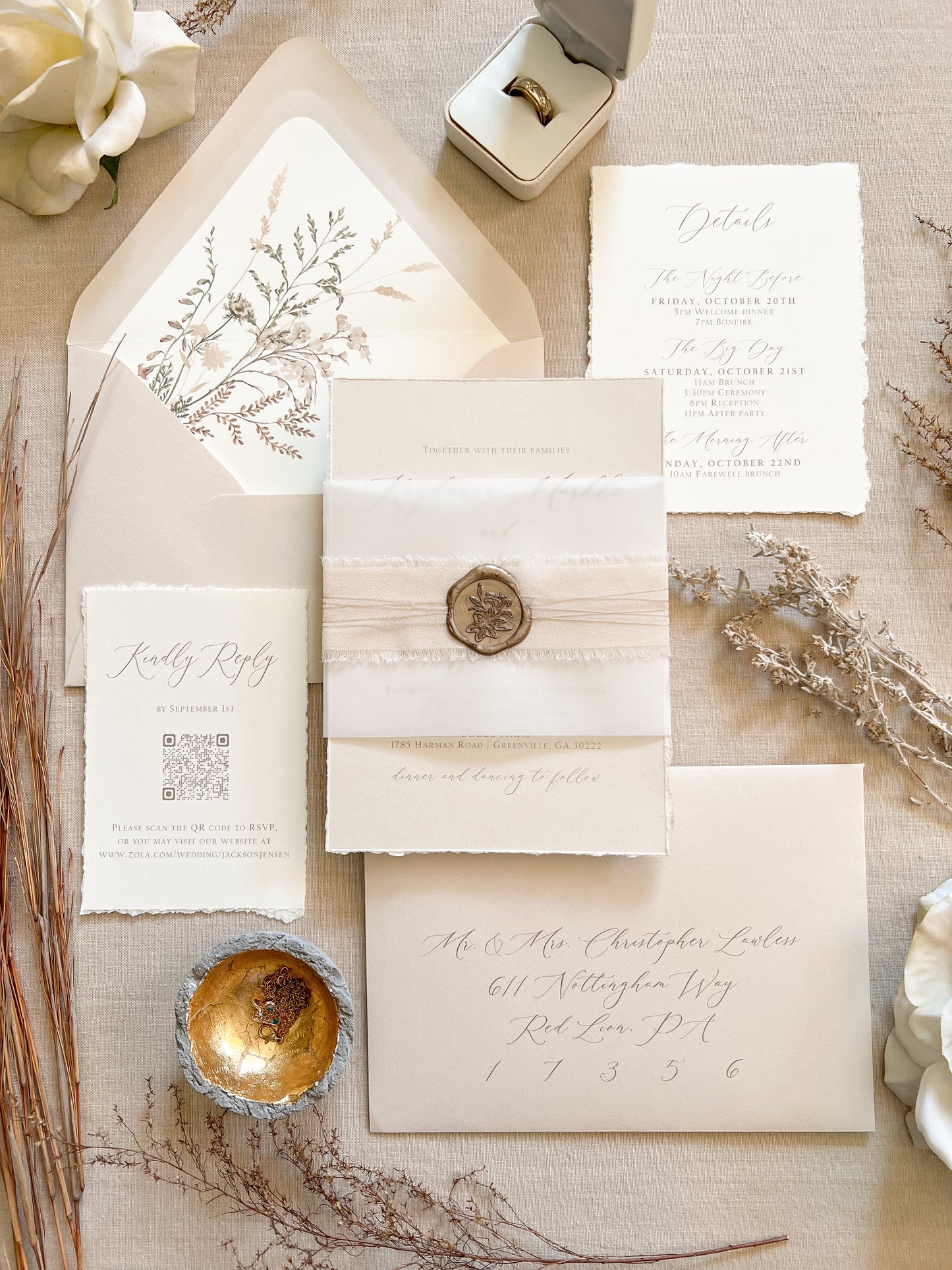 Neutral Wedding Invitation with Deckled Edging, Vellum Bellyband, Chiffon Ribbon and Wax Seal