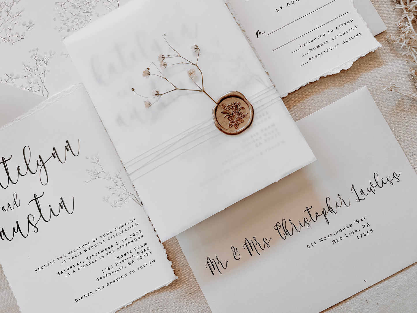 Baby’s Breath Wedding Invitation with Deckled Edging, Vellum Wrap and Wax Seal