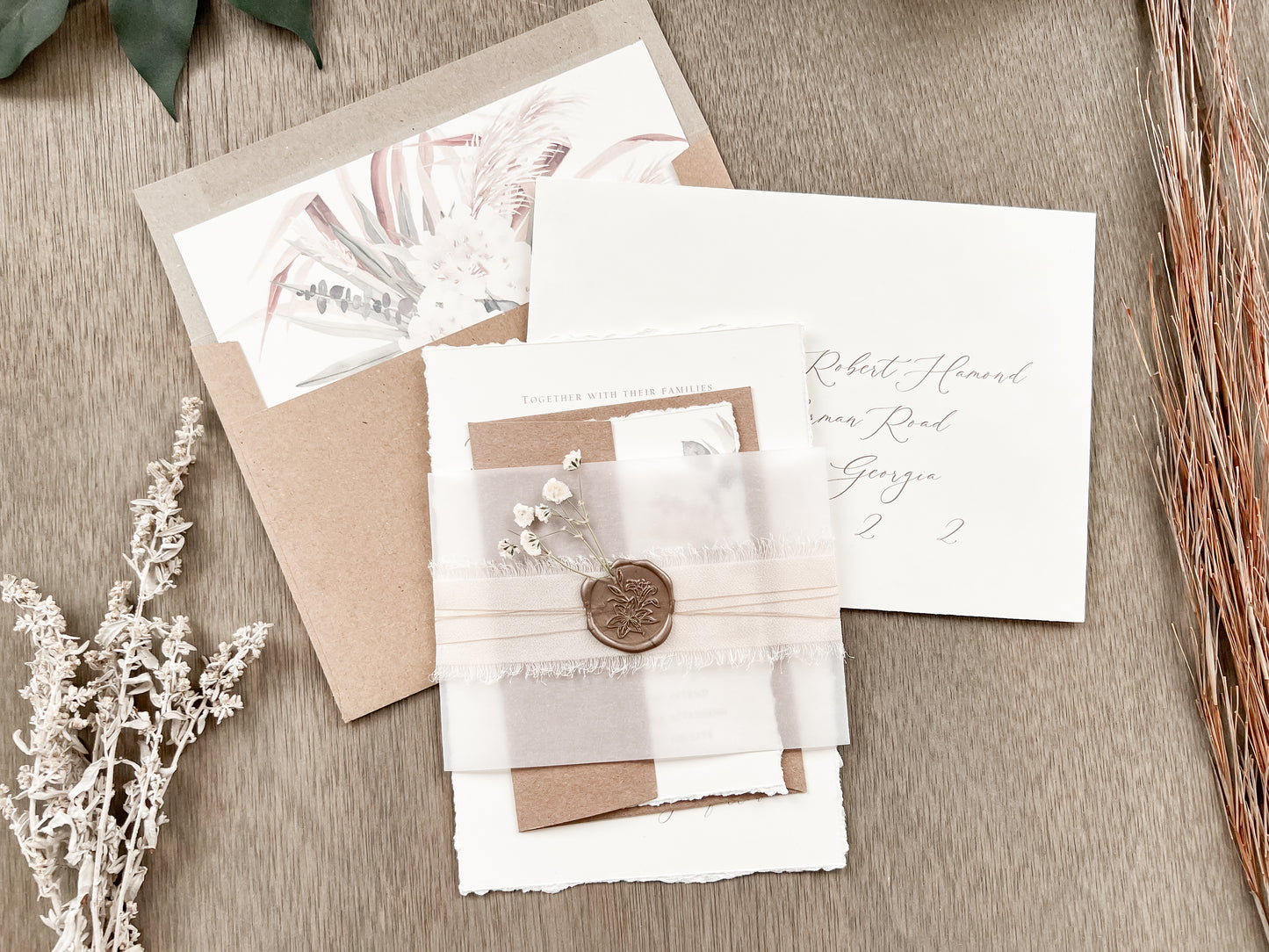 Floral Pampas Grass Wedding Invitation with Deckled Edging, Vellum Belly Band, Chiffon Ribbon, Dried Baby’s Breath and Wax Seal
