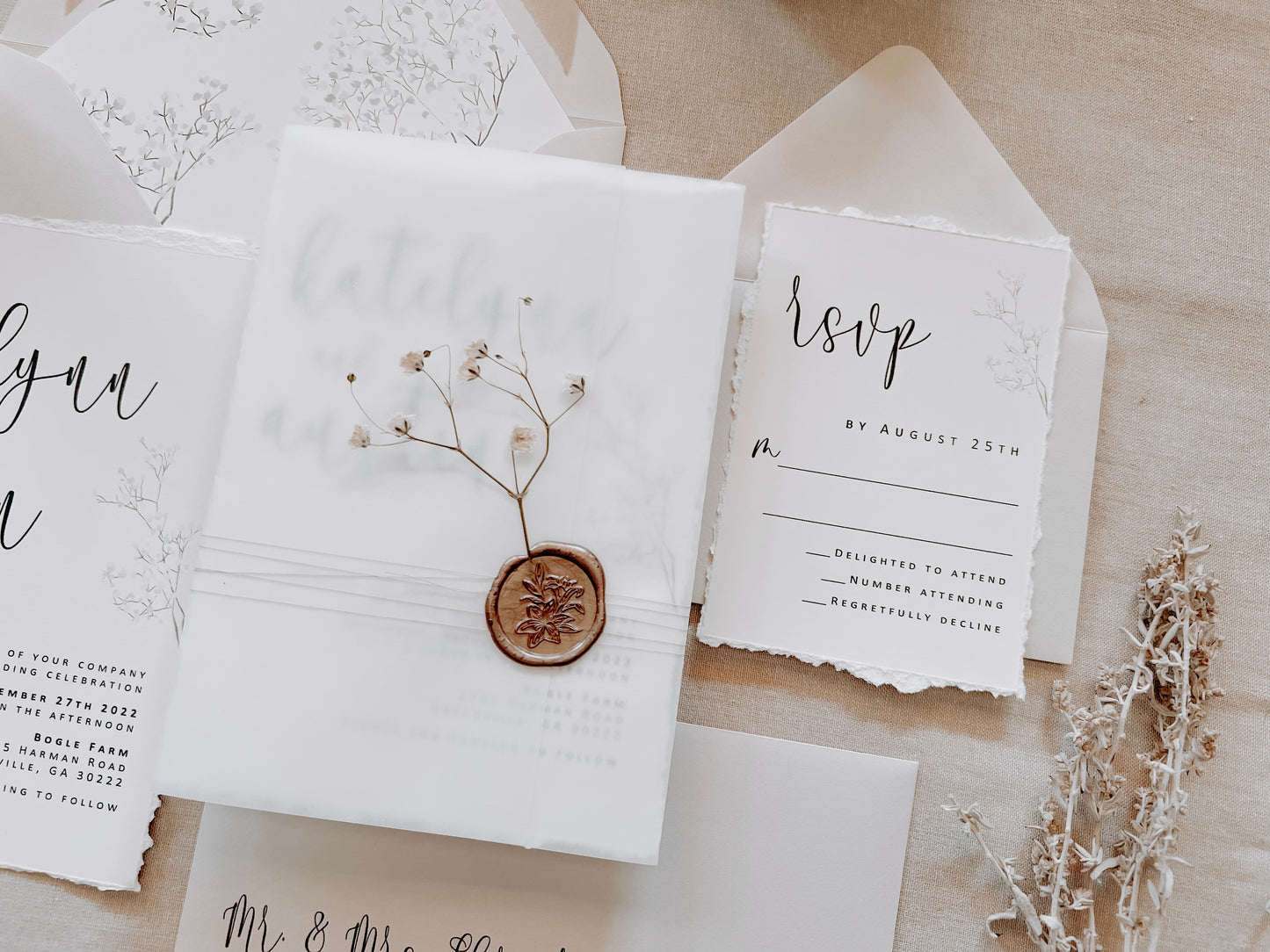 Baby’s Breath Wedding Invitation with Deckled Edging, Vellum Wrap and Wax Seal