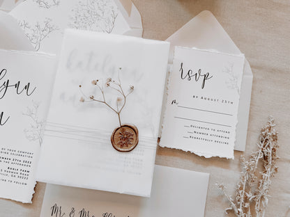 Baby’s Breath Wedding Invitation with Deckled Edging, Vellum Wrap and Wax Seal