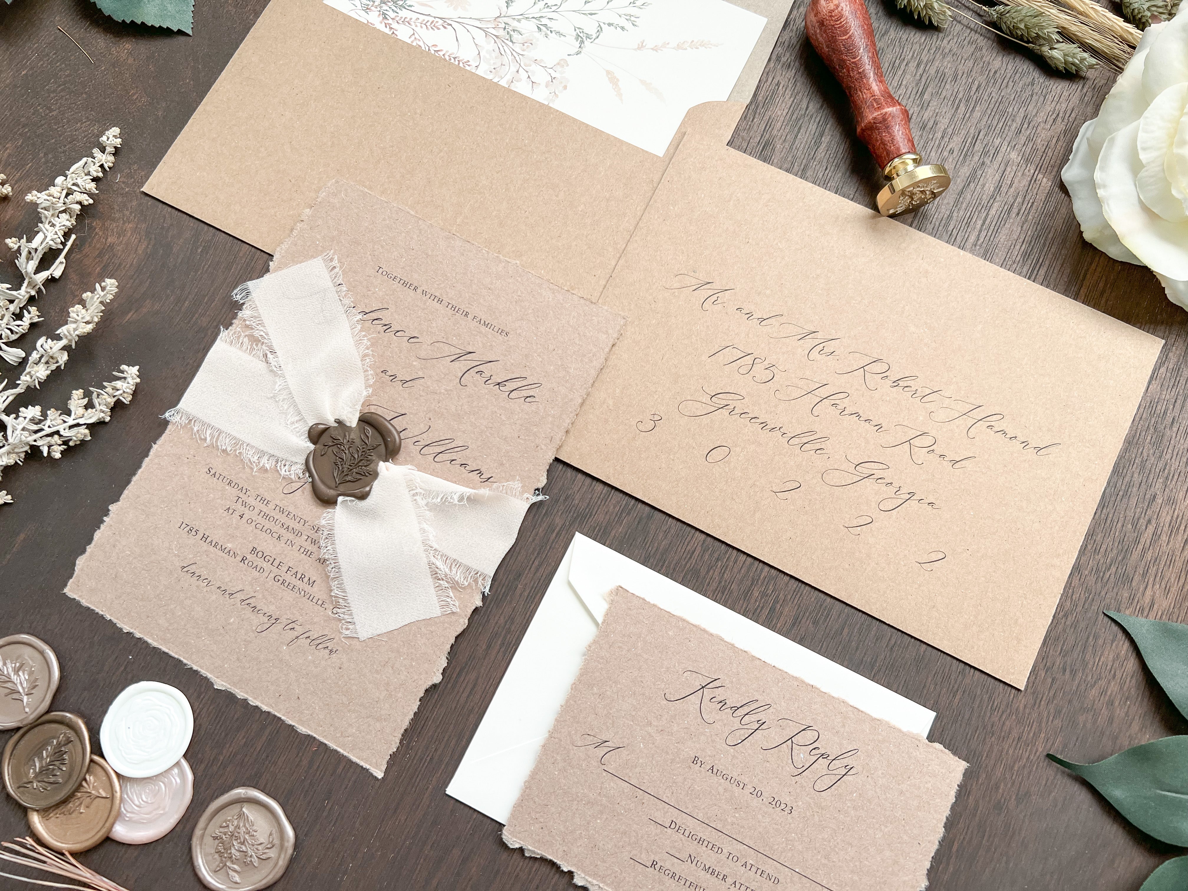 Rustic Elegant Wedding Invitation with Deckled Edging, Light Nude Chiffon Ribbon & Chocolate Wax Seal