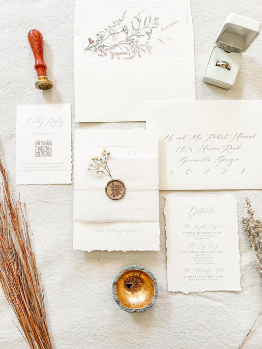 Elegant Ivory Baby’s Breath Invitation with Deckled Edging