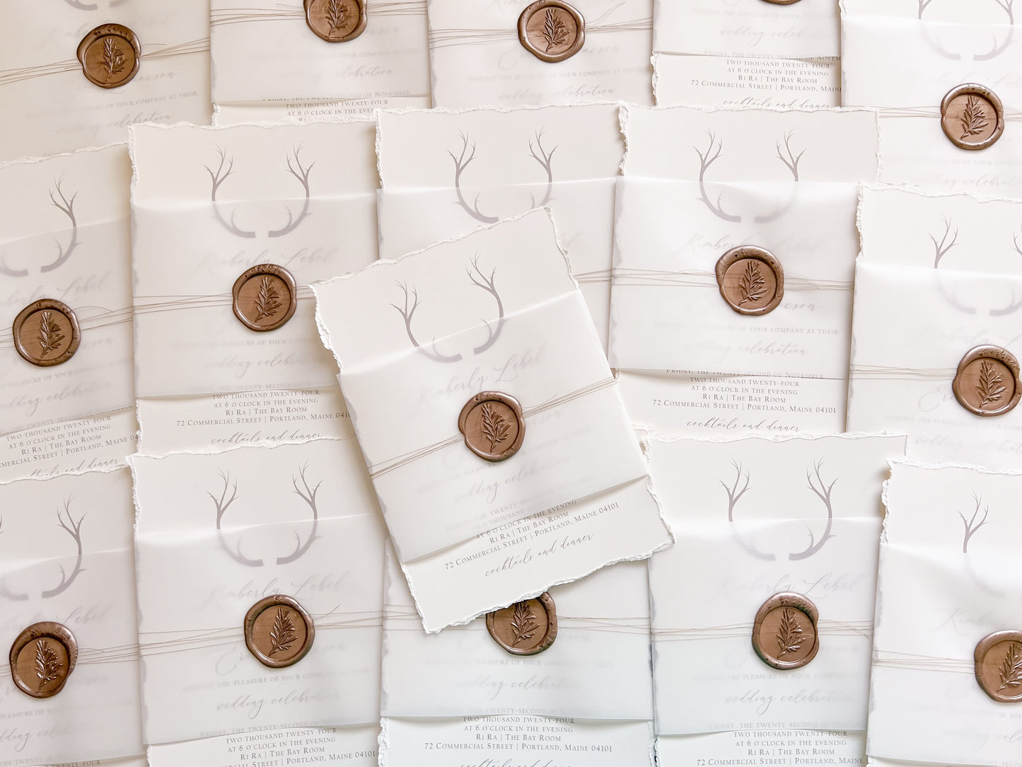 Antler Wedding Invitation with Deckled Edging, Vellum Belly Band and Wax Seal