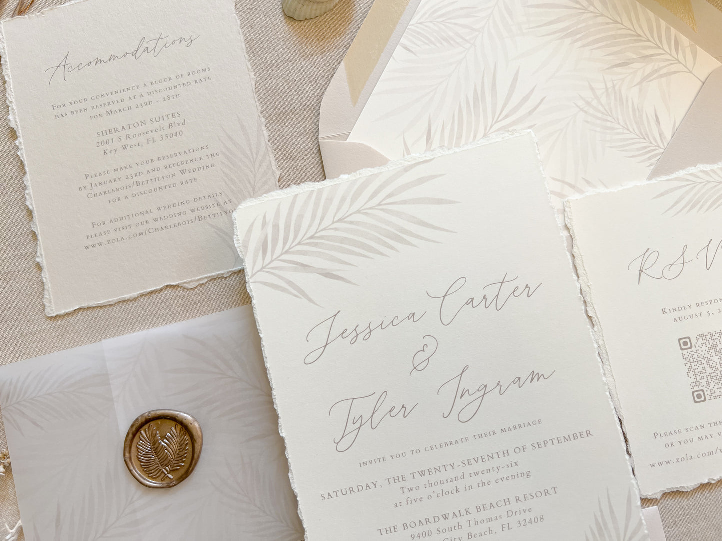 Tropical Palm Leaf Wedding Invitation with Vellum & Wax Seal