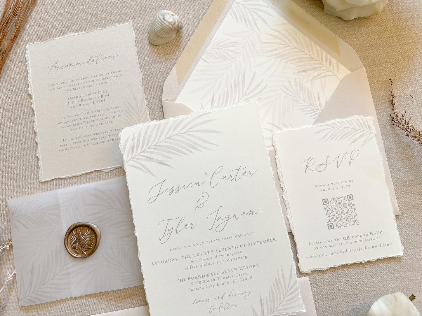 Tropical Palm Leaf Wedding Invitation with Vellum & Wax Seal