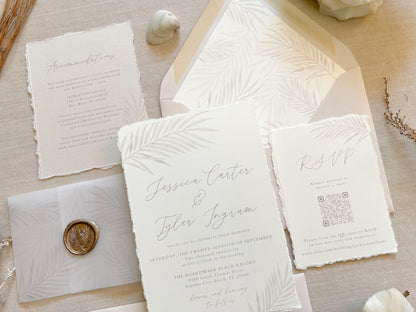 Tropical Palm Leaf Wedding Invitation with Vellum & Wax Seal