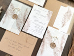 Pampas Grass and Baby’s Breath Wedding Invitation with Deckled Edge, Boho Vellum with Wax Seal