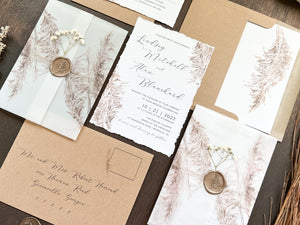 Pampas Grass and Baby’s Breath Wedding Invitation with Deckled Edge, Boho Vellum with Wax Seal