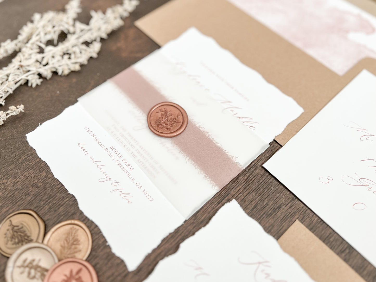 Copper Wedding Invitation with Deckled Edging, Vellum Belly Band, Chiffon Ribbon and Wax Seal