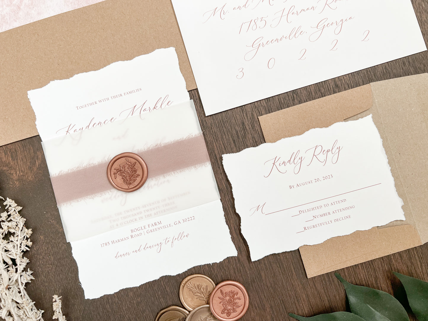Copper Wedding Invitation with Deckled Edging, Vellum Belly Band, Chiffon Ribbon and Wax Seal