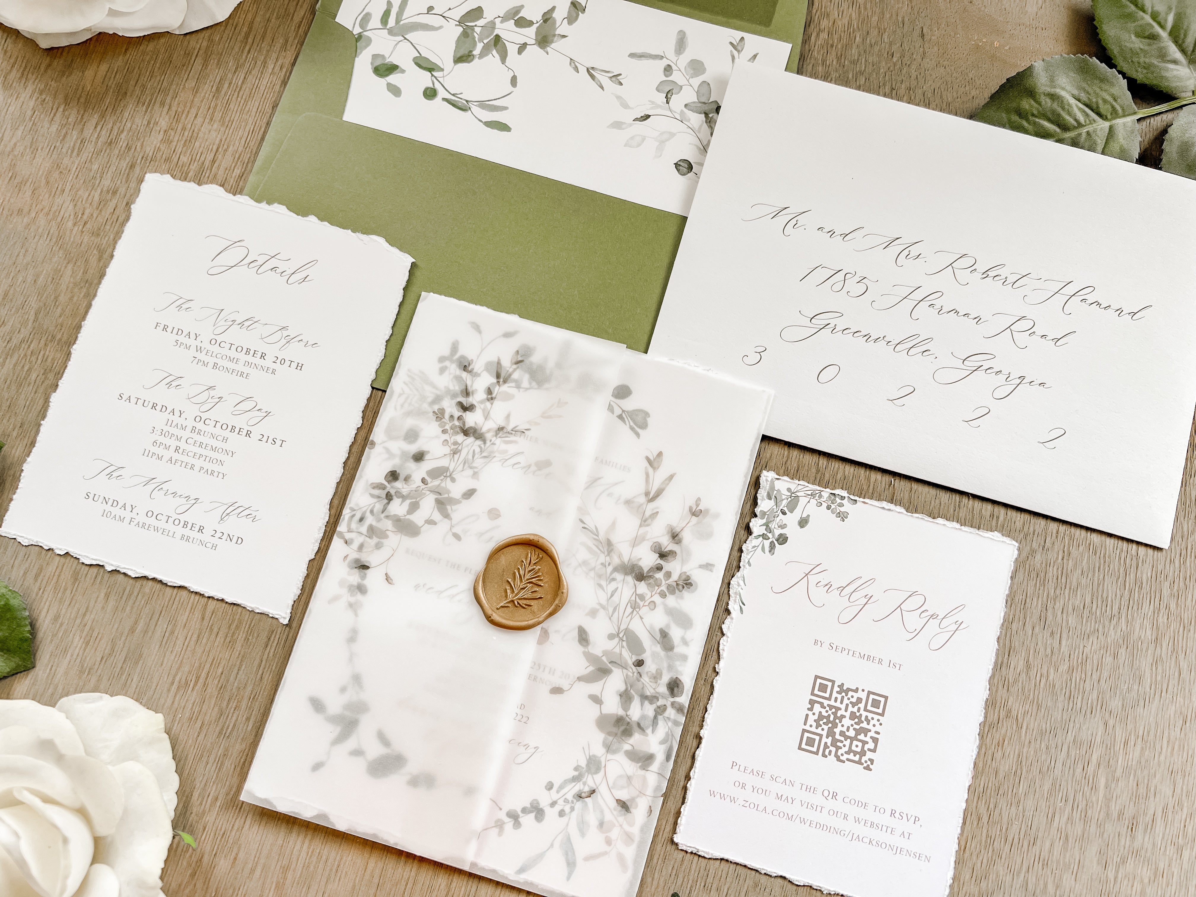 Greenery Wreath Wedding Invitation with Eucalyptus Vellum, Deckled Edging & Wax Seal