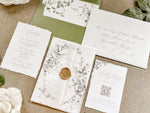 Greenery Wreath Wedding Invitation with Eucalyptus Vellum, Deckled Edging & Wax Seal