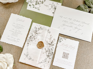 Greenery Wreath Wedding Invitation with Eucalyptus Vellum, Deckled Edging & Wax Seal
