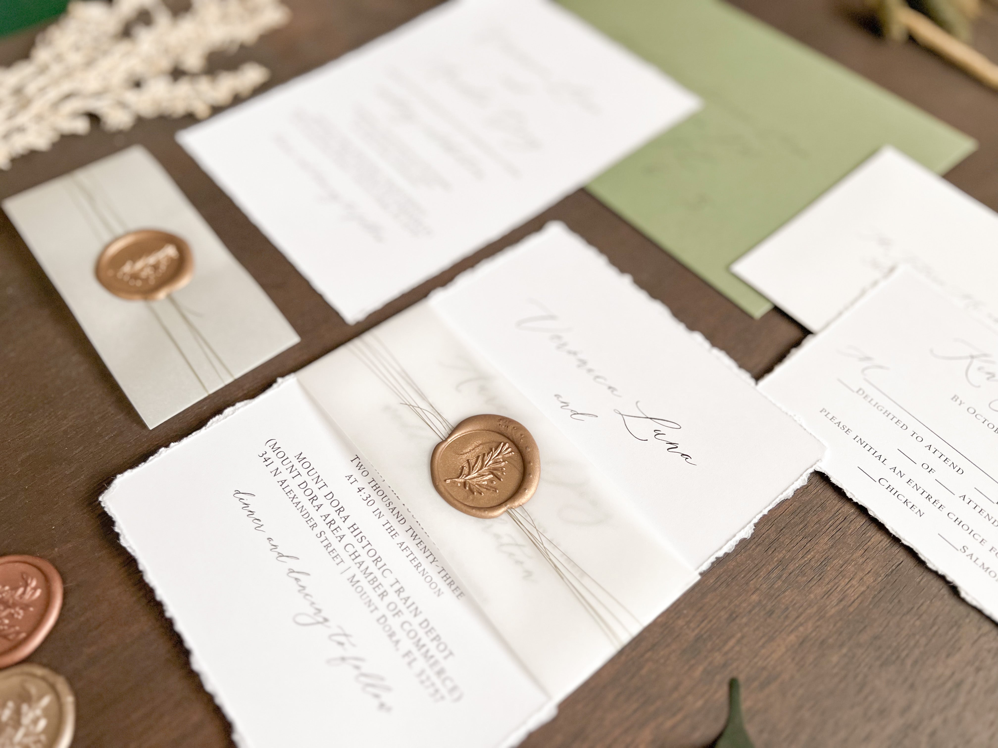 Simple Deckled Edge Wedding Invitation with Vellum and Wax Seal
