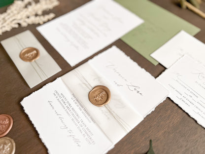 Simple Deckled Edge Wedding Invitation with Vellum and Wax Seal