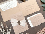 Rustic Elegant Wedding Invitation with Deckled Edging, Light Nude Chiffon Ribbon & Chocolate Wax Seal