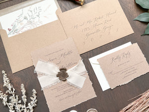 Rustic Elegant Wedding Invitation with Deckled Edging, Light Nude Chiffon Ribbon & Chocolate Wax Seal