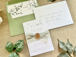 Monogram Laurel Wreath Wedding Invitation with Muted Sage Green Chiffon Ribbon & Wax Seal with Deckled Edging