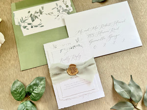 Monogram Laurel Wreath Wedding Invitation with Muted Sage Green Chiffon Ribbon & Wax Seal with Deckled Edging