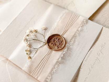 Neutral Wedding Invitation with Deckled Edging, Vellum Belly Band, Chiffon Ribbon