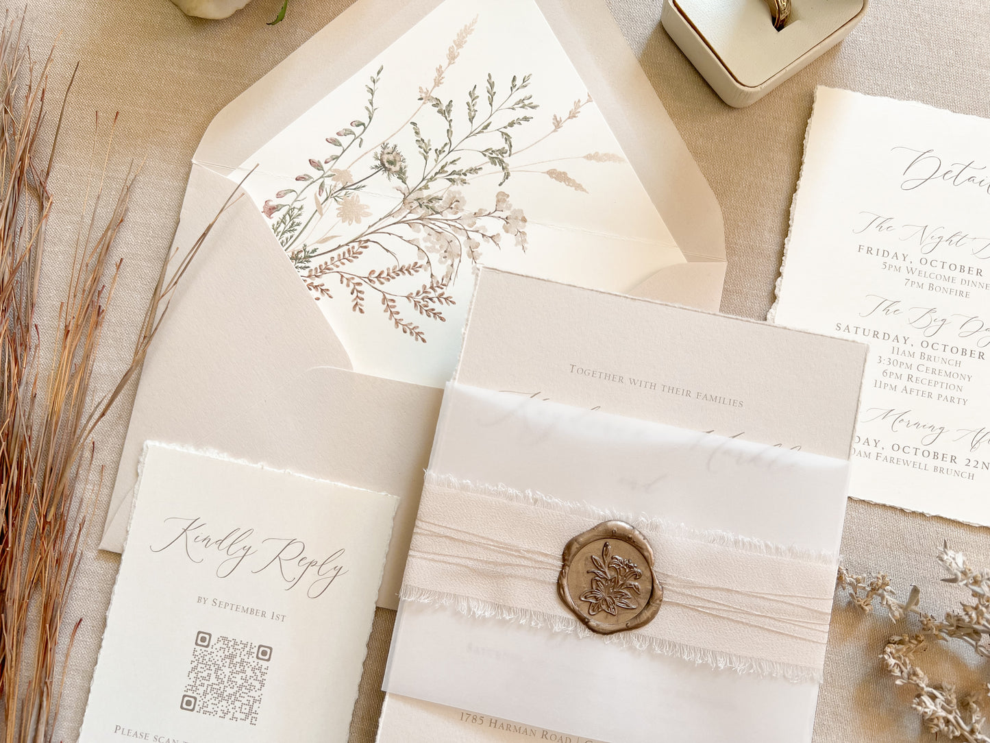 Neutral Wedding Invitation with Deckled Edging, Vellum Bellyband, Chiffon Ribbon and Wax Seal