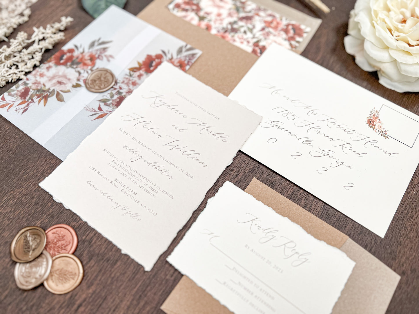 Boho Fall Floral Wedding Invitation with Deckled Edging, Vellum & Wax Seal