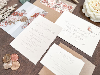 Boho Fall Floral Wedding Invitation with Deckled Edging, Vellum & Wax Seal
