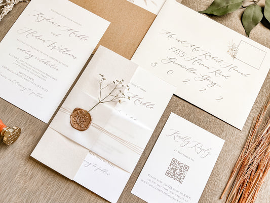Elegant Beige & Ivory Wedding Invitation with Baby’s Breath, Vellum Belly Band and Wax Seal
