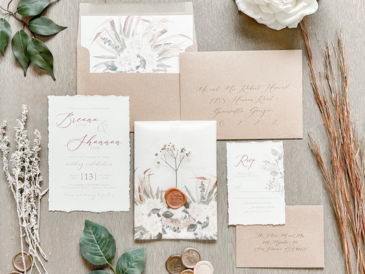 Pampas Grass and White Floral Wedding Invitation with Baby’s Breath, Deckled Edge and Boho Vellum with Wax Seal