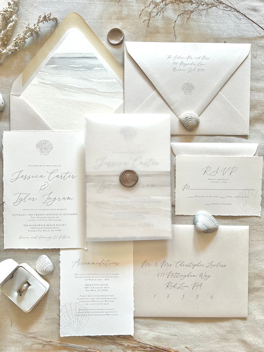Beach Wedding Invitation with Vellum & Seashell Wax Seal