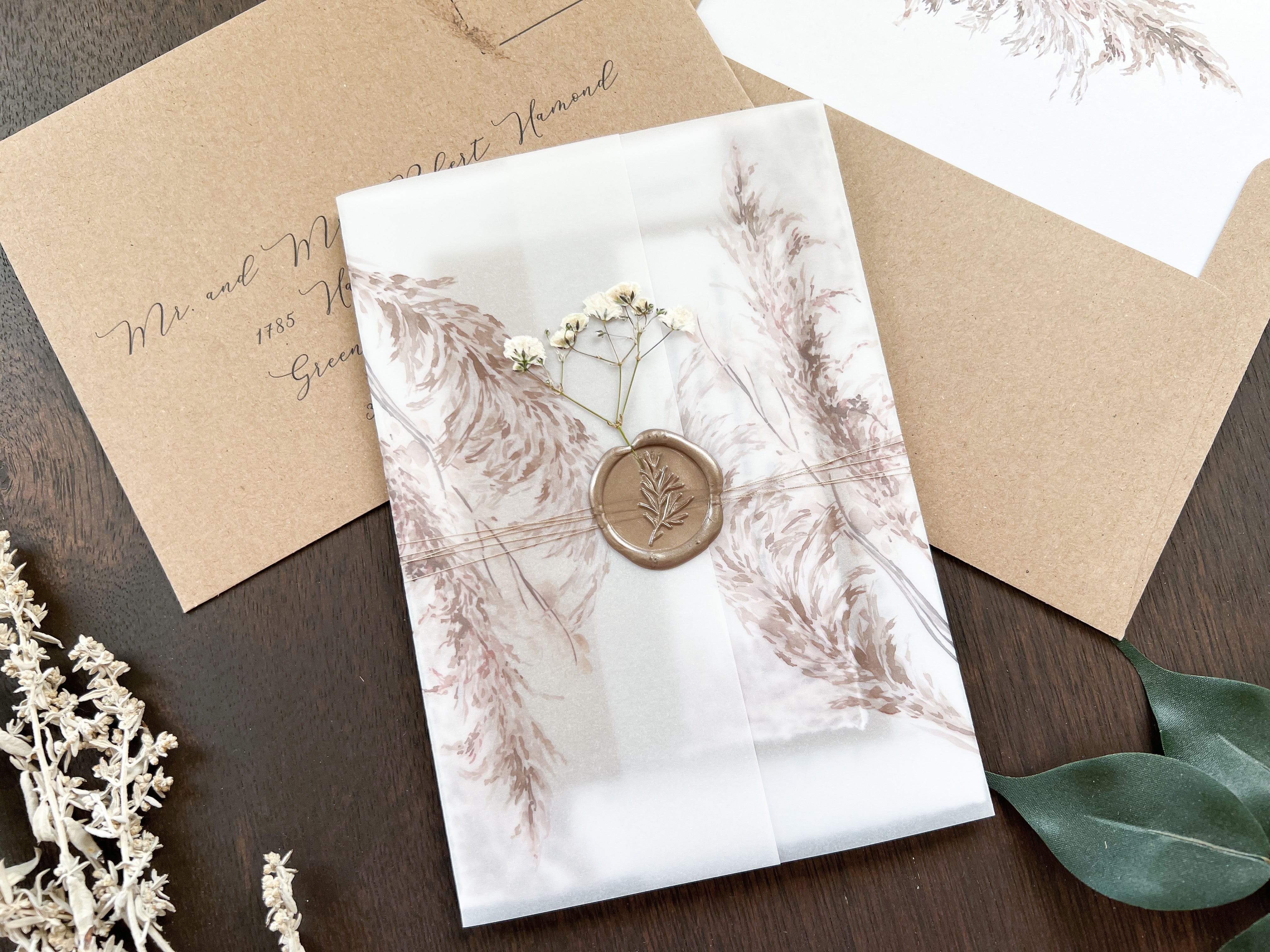 Pampas Grass and Baby’s Breath Wedding Invitation with Deckled Edge, Boho Vellum with Wax Seal