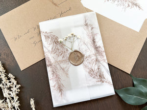 Pampas Grass and Baby’s Breath Wedding Invitation with Deckled Edge, Boho Vellum with Wax Seal