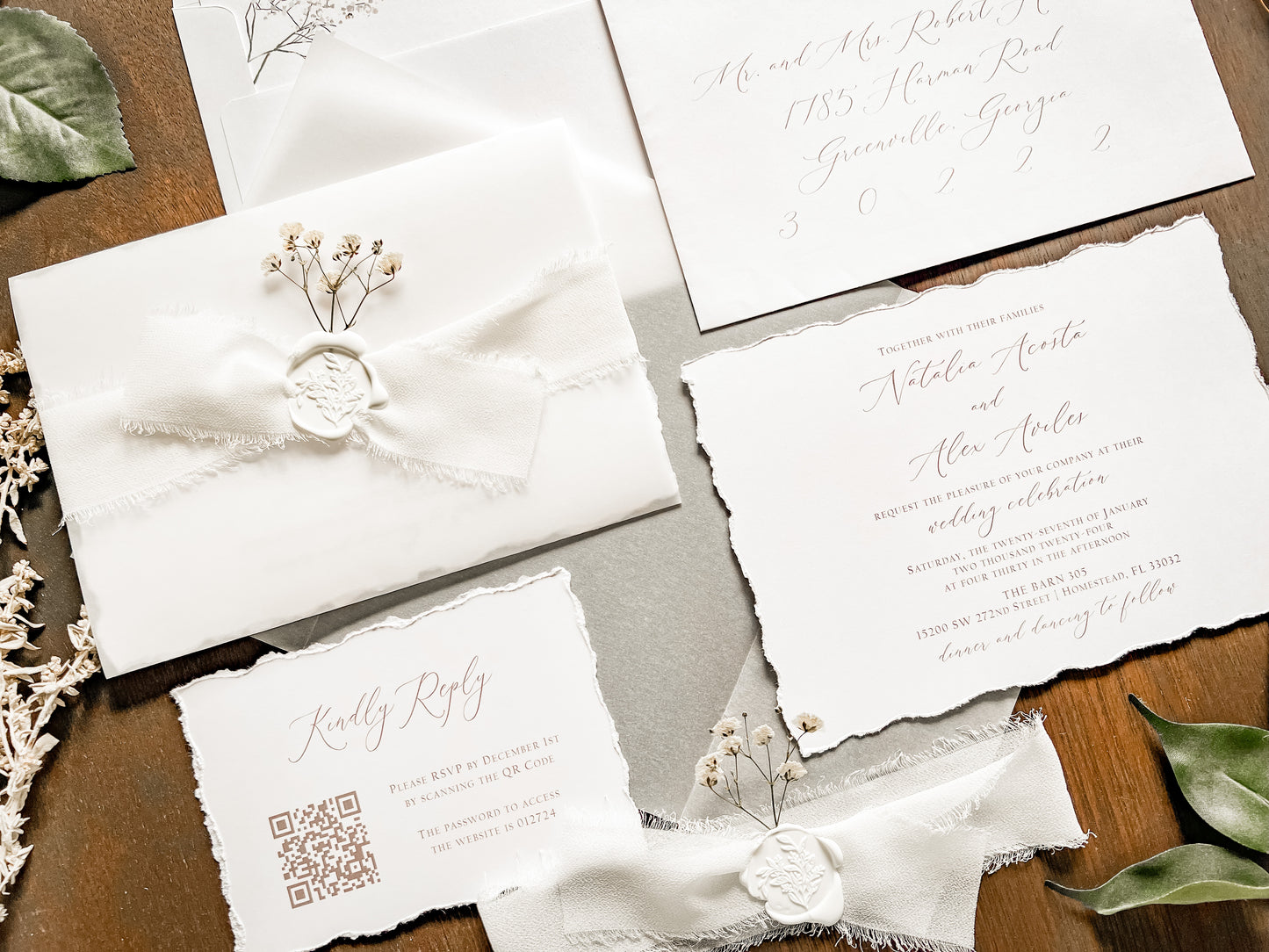 White Baby’s Breath Wedding Invitation with Deckled Edging, QR code RSVP, Vellum, Chiffon Ribbon and Wax Seal