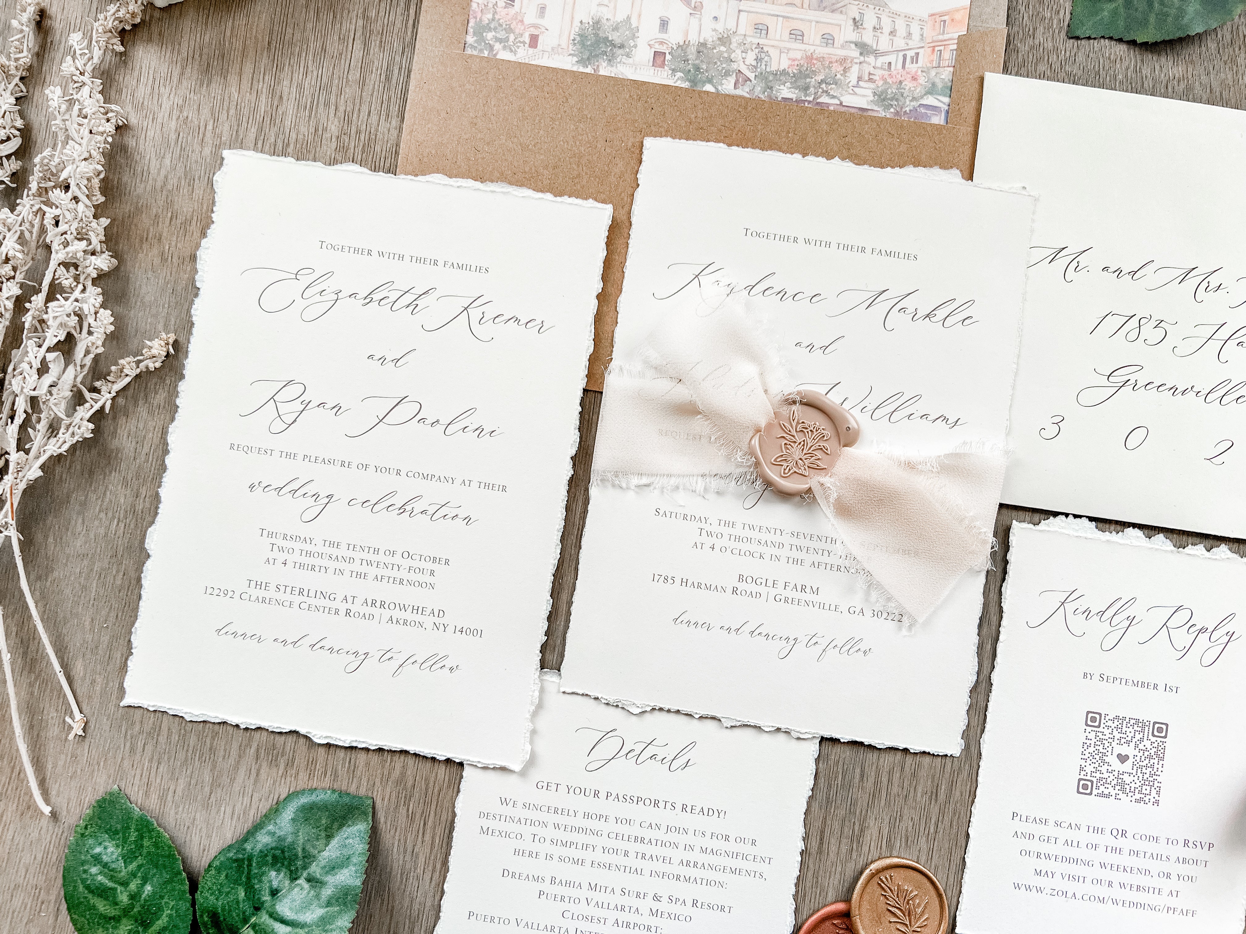 Neutral Wedding Invitation with Deckled Edging, Chiffon Ribbon and Nude Wax Seal