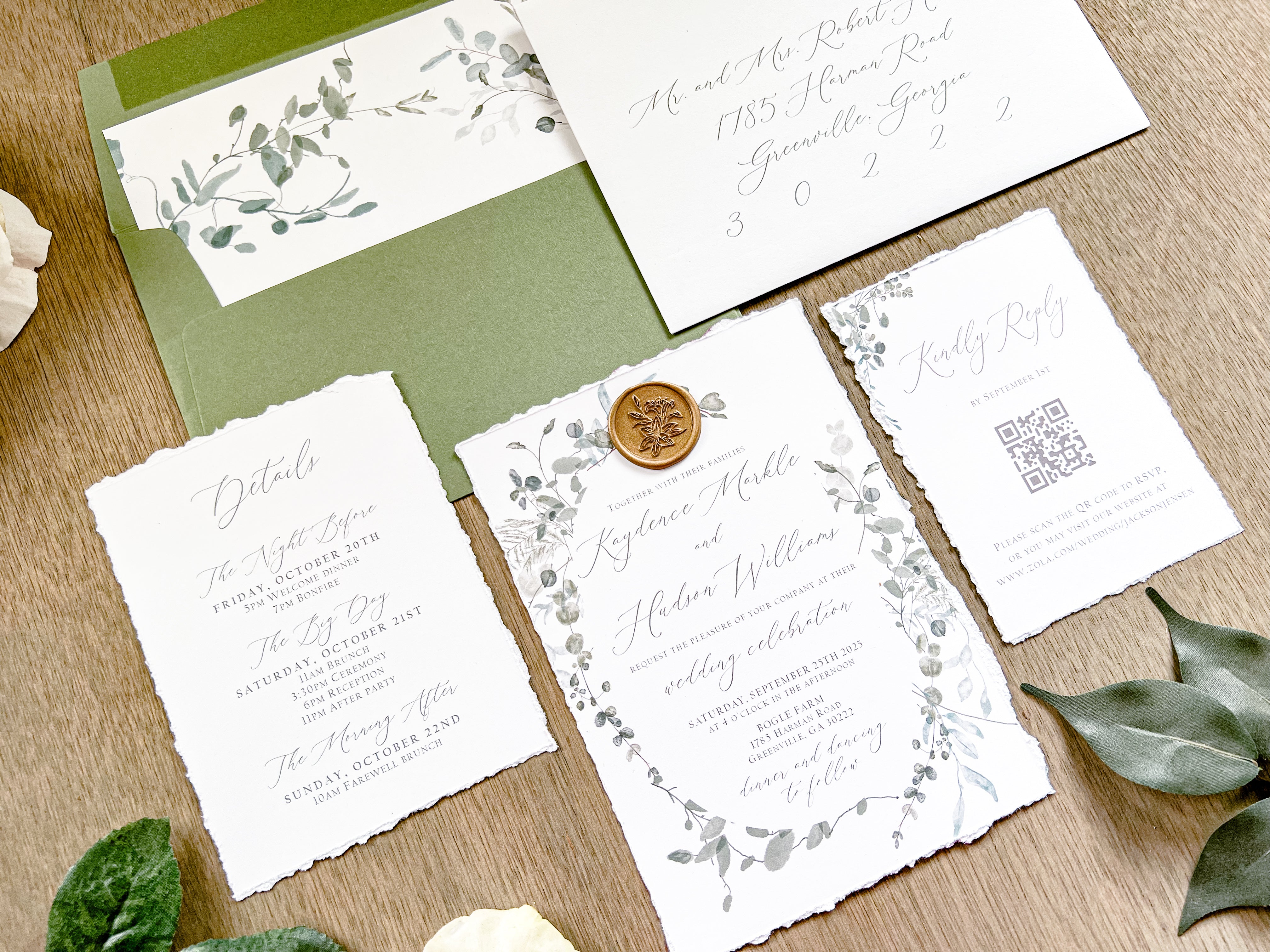Minimalist Greenery Wedding Invitation with Deckled Edge and Antique Gold Wax Seal